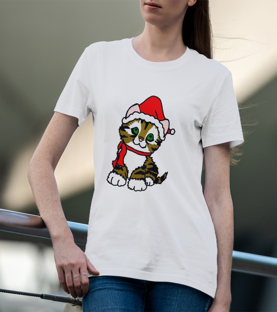 A Cute Tabby Kitten Dressed In Santa Hat And Scarf T-Shirt