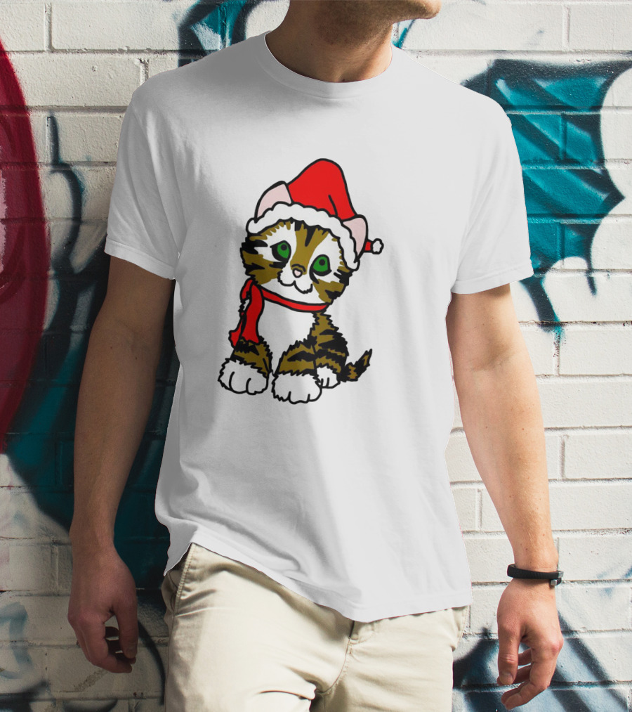 A Cute Tabby Kitten Dressed In Santa Hat And Scarf T-Shirt