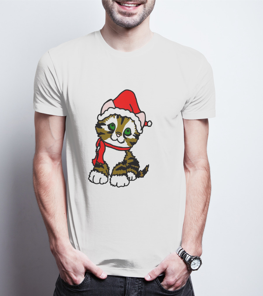 A Cute Tabby Kitten Dressed In Santa Hat And Scarf T-Shirt