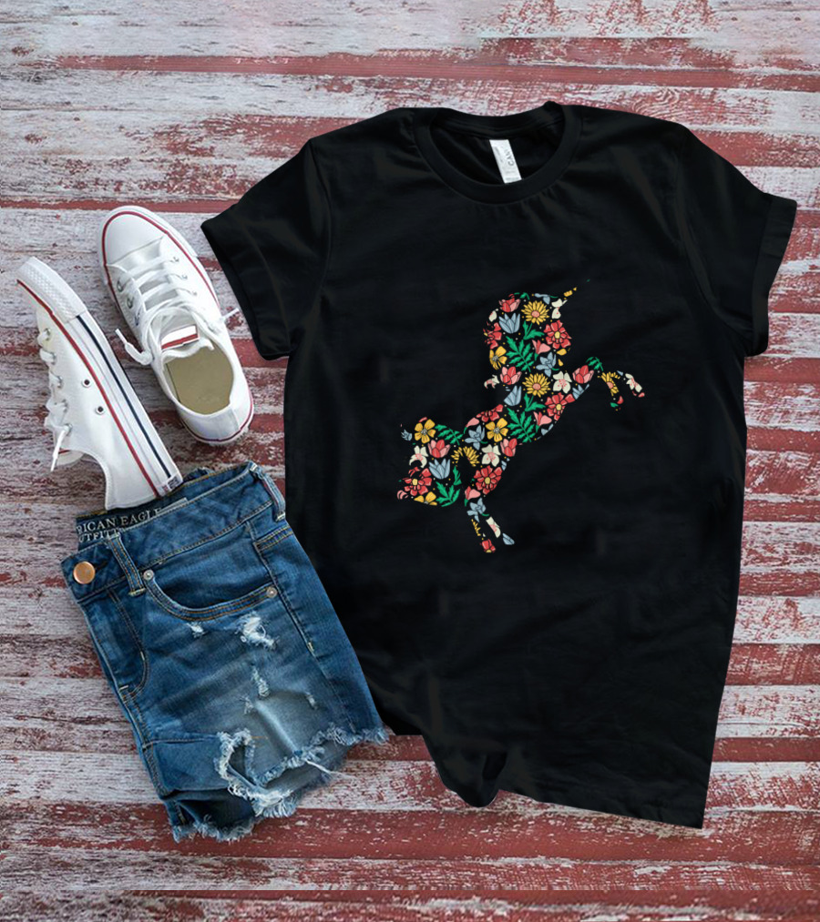 Unicorn Flower Silhouette With Vibrant Floral T-Shirt