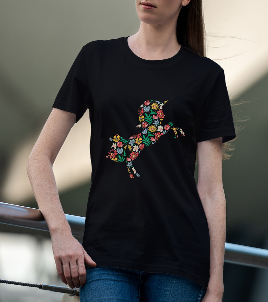 Unicorn Flower Silhouette With Vibrant Floral T-Shirt