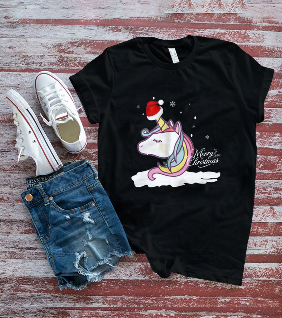 Unicorn Merry Christmas Snowflakes Santa Hat T-Shirt