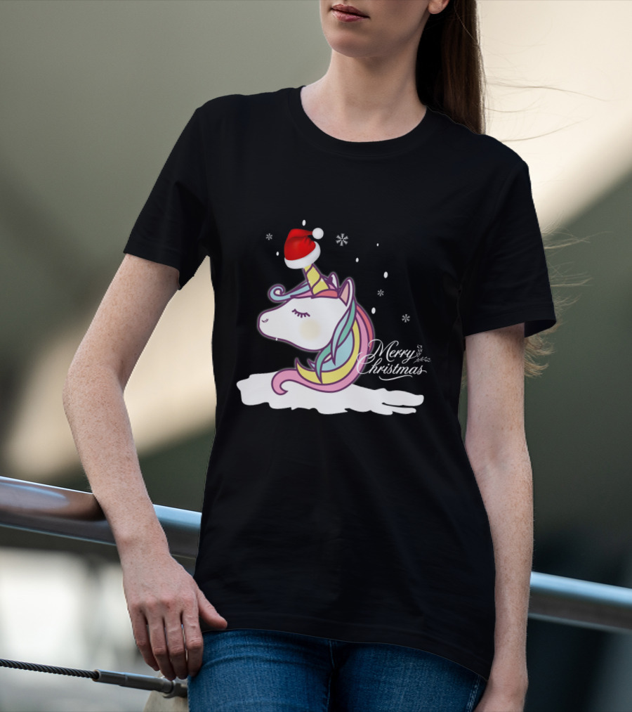 Unicorn Merry Christmas Snowflakes Santa Hat T-Shirt