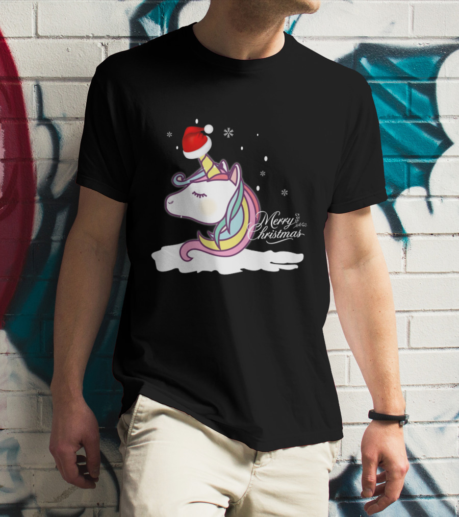 Unicorn Merry Christmas Snowflakes Santa Hat T-Shirt