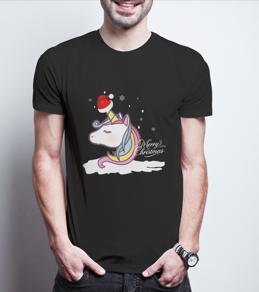Unicorn Merry Christmas Snowflakes Santa Hat T-Shirt