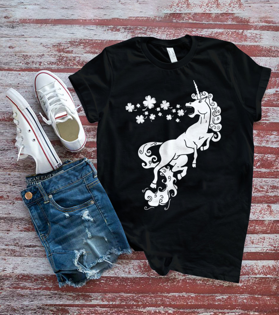 Unicorn Blowing Shamrock Flowers Mystical T-Shirt