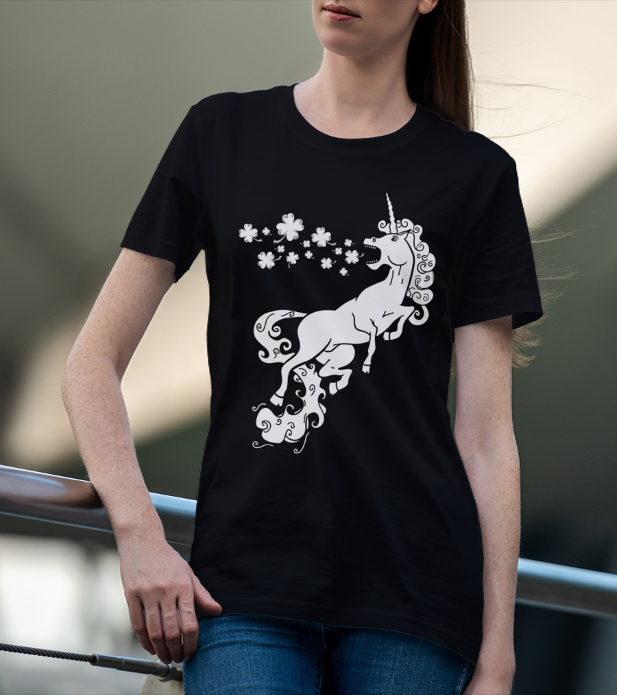 Unicorn Blowing Shamrock Flowers Mystical T-Shirt