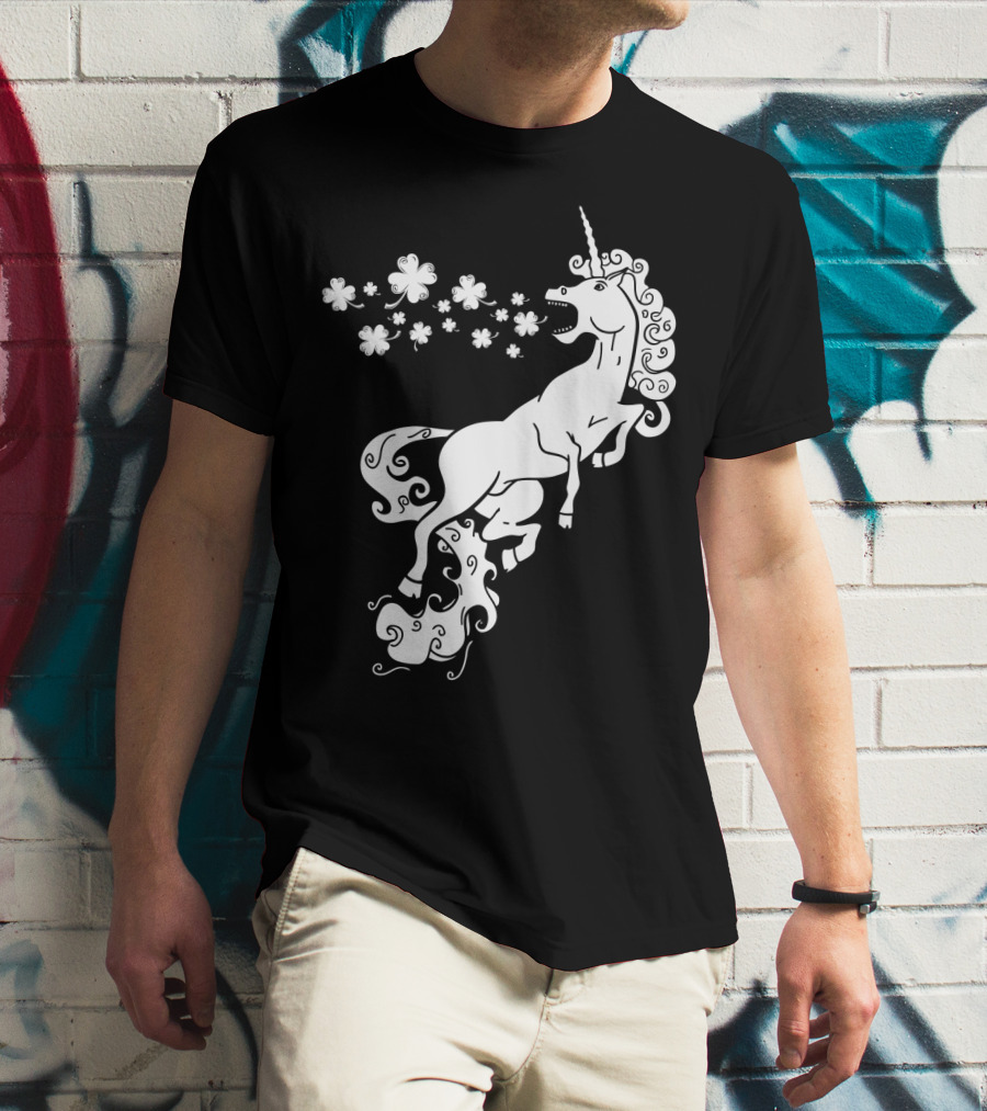 Unicorn Blowing Shamrock Flowers Mystical T-Shirt
