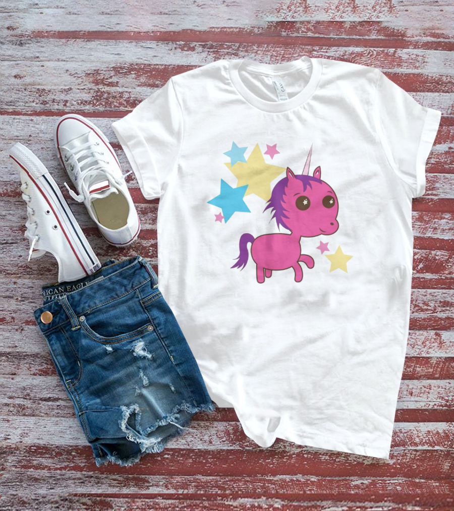 Pink Trippin Sparkles Unicorn With Colorful Stars T-Shirt