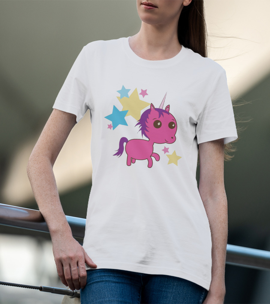 Pink Trippin Sparkles Unicorn With Colorful Stars T-Shirt