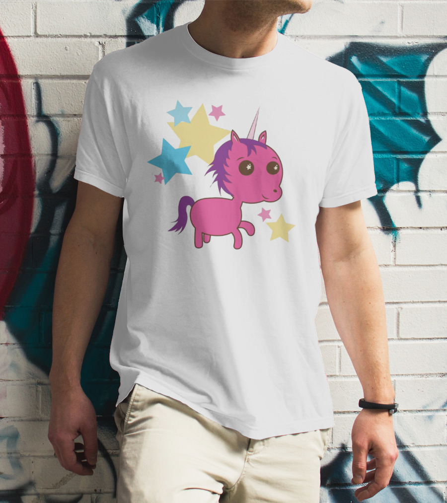 Pink Trippin Sparkles Unicorn With Colorful Stars T-Shirt