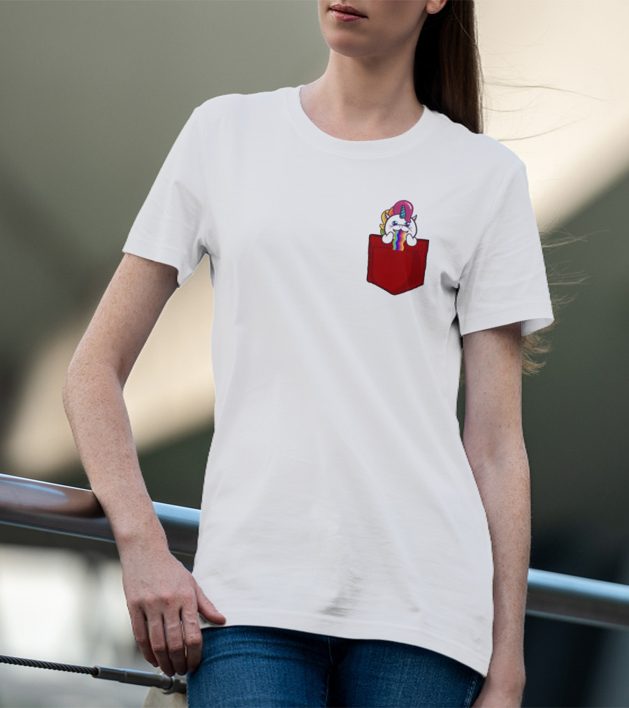 Crying Rainbow Unicorn In Red Pocket T-Shirt