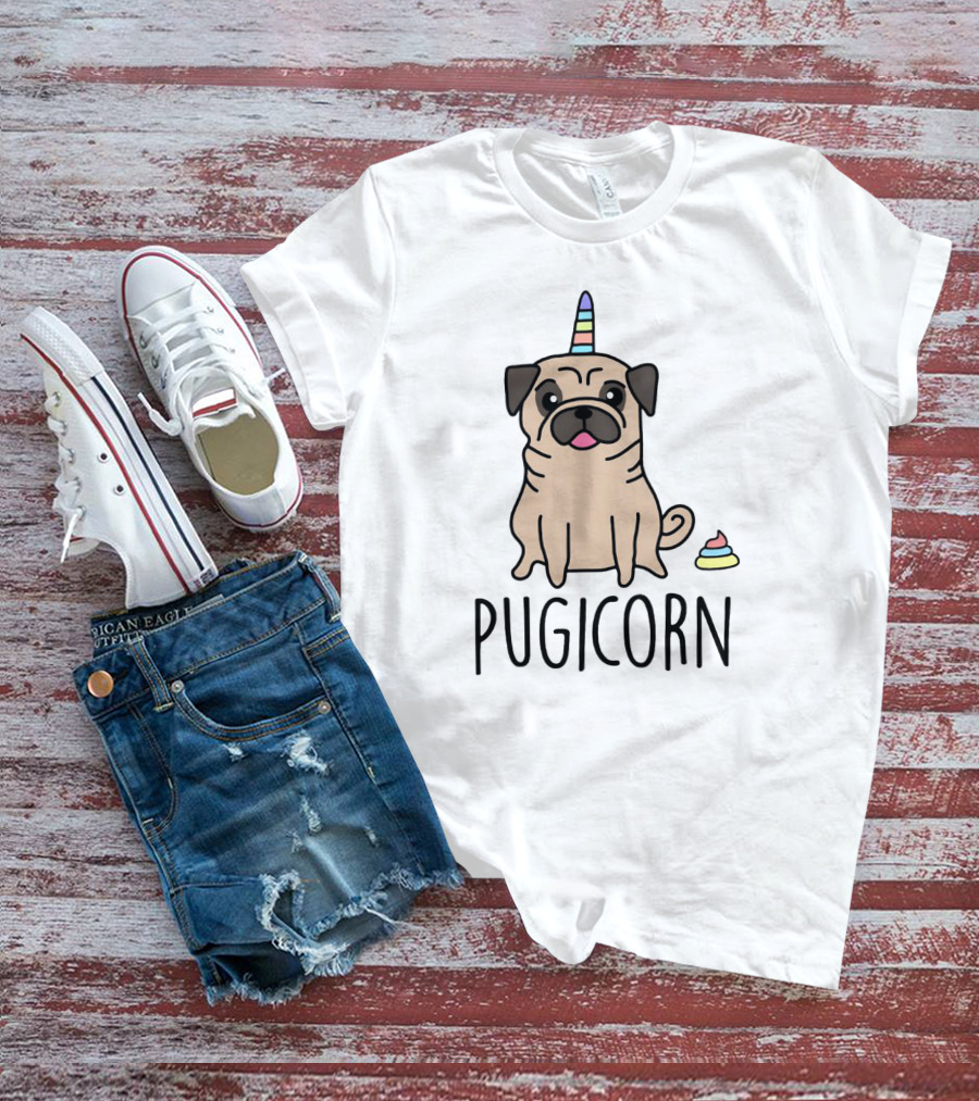 Pugicorn Rainbow Unicorn Horn Pug With Colorful Poop T-Shirt