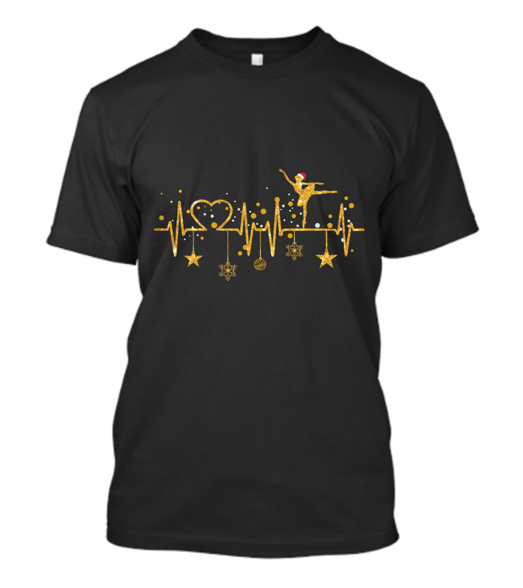 Ballet Dancer Heartbeat Golden Christmas Theme With Stars And Santa Hat Elements T-Shirt