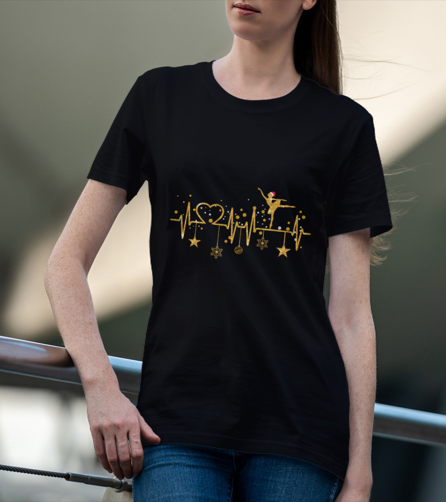 Ballet Dancer Heartbeat Golden Christmas Theme With Stars And Santa Hat Elements T-Shirt