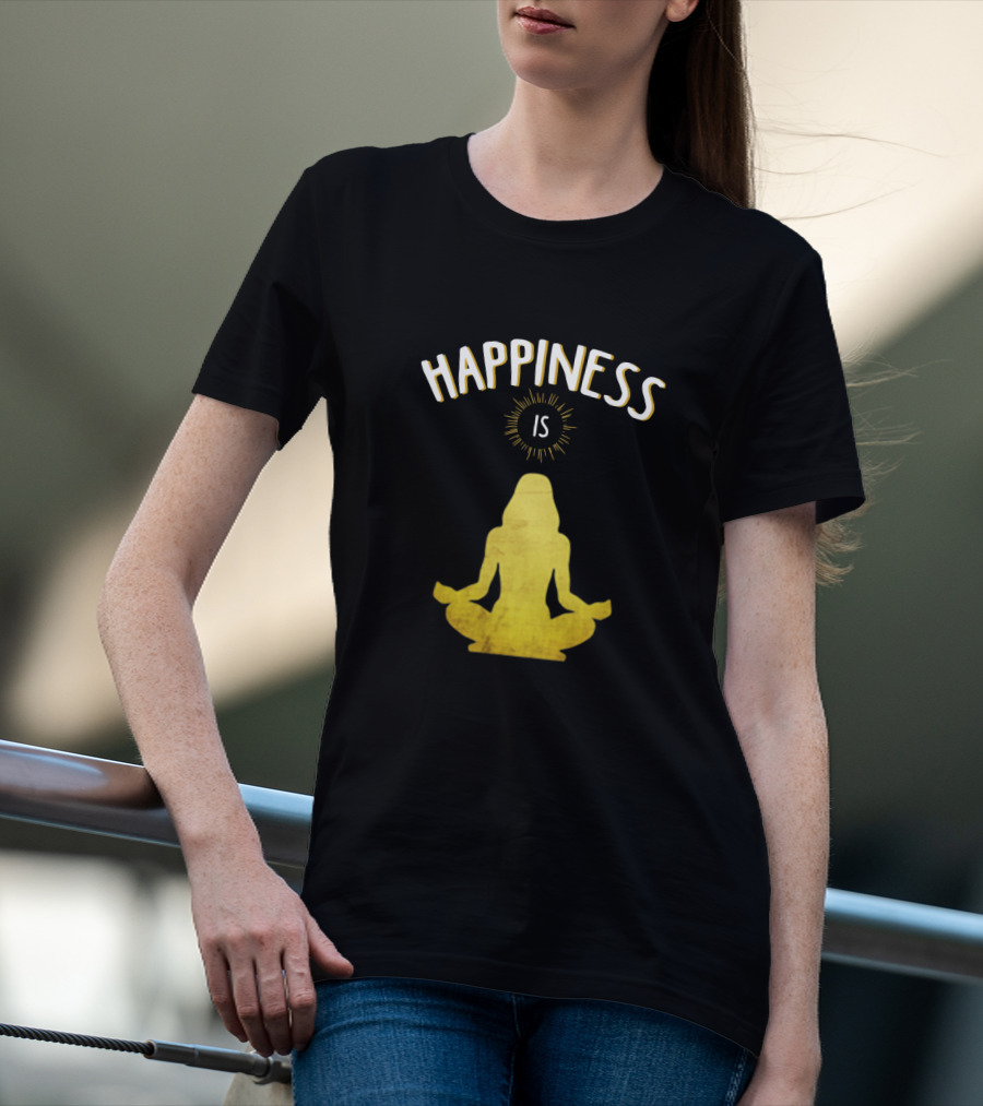 Happiness Is Yoga Meditation Silhouette In Yellow With Sunburst T-Shirt