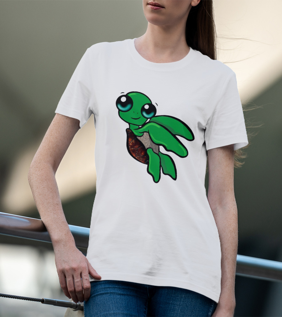Funky Turtle Cute Green Cartoon Character With Big Eyes T-Shirt