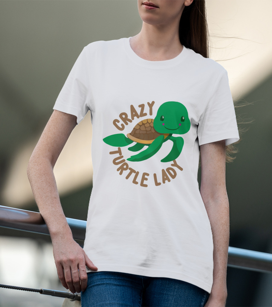Crazy Turtle Lady Cute Green Cartoon Style Turtle With Happy Face T-Shirt