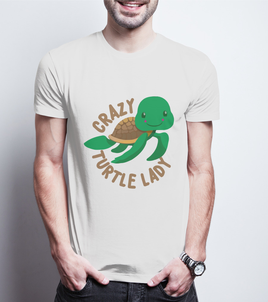 Crazy Turtle Lady Cute Green Cartoon Style Turtle With Happy Face T-Shirt
