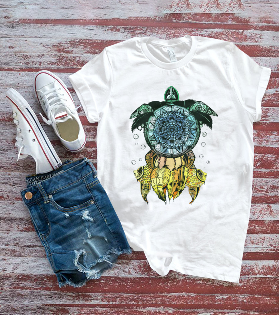 Dreamcatcher Flower Of Life Turtle With Intricate Mandala Feather And Geometric T-Shirt