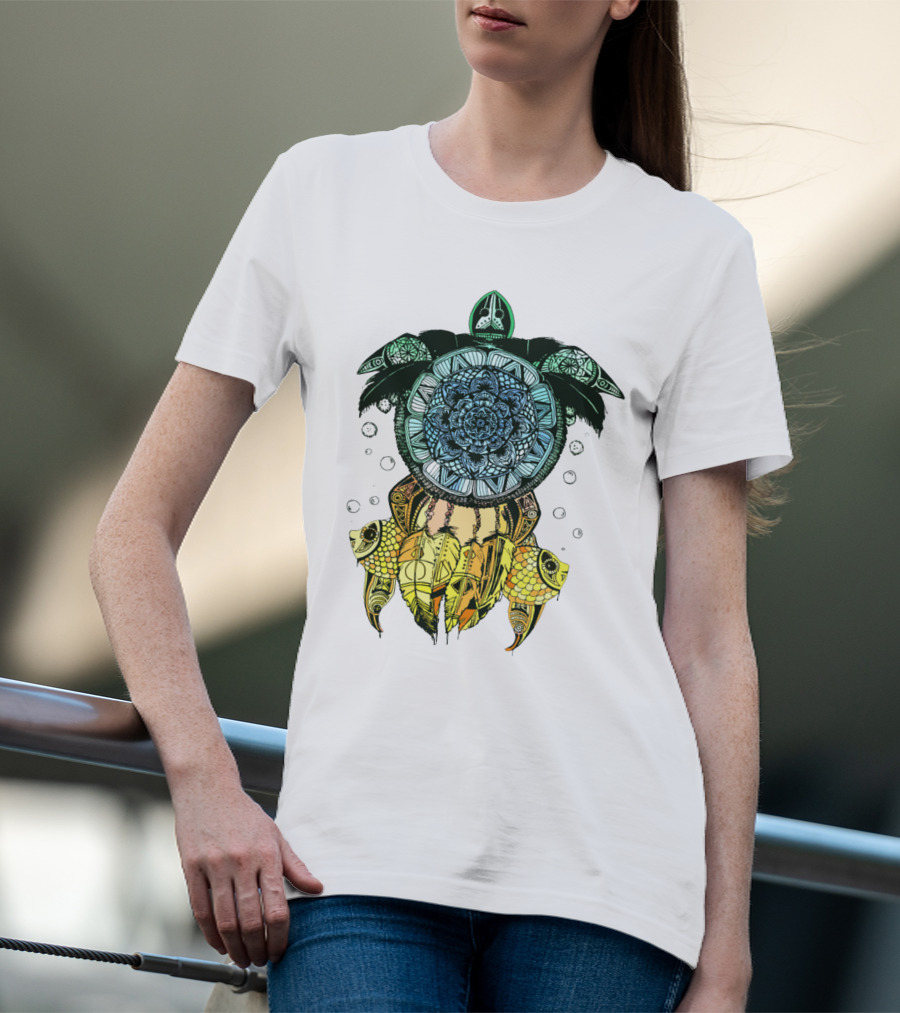 Dreamcatcher Flower Of Life Turtle With Intricate Mandala Feather And Geometric T-Shirt