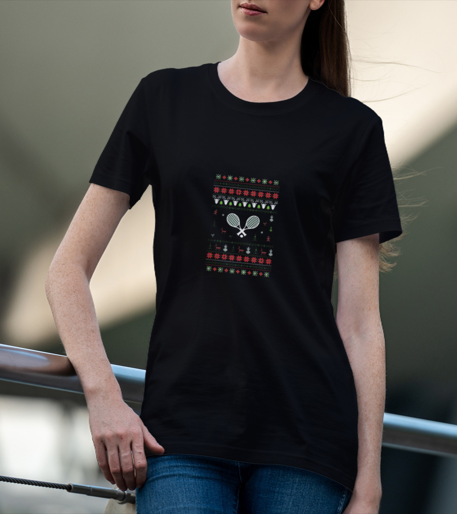 Tennis Ugly Christmas Sweater Style With Rackets And Holiday T-Shirt