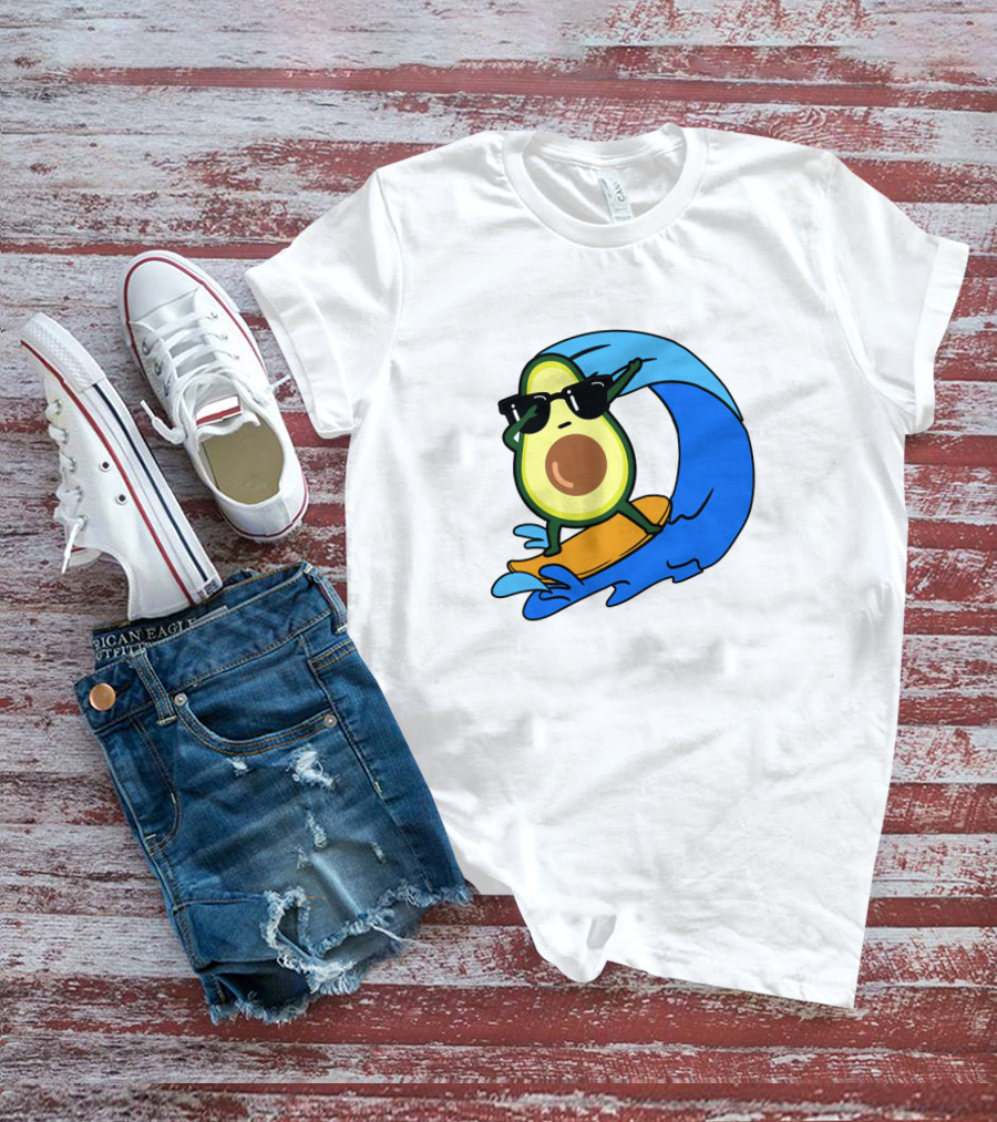 Avocado Wearing Sunglasses Riding Blue Ocean Wave T-Shirt