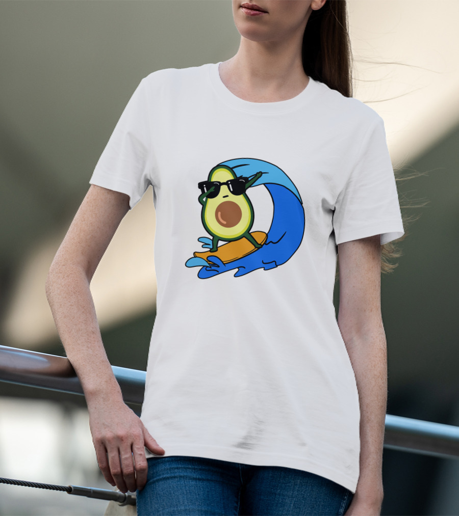 Avocado Wearing Sunglasses Riding Blue Ocean Wave T-Shirt