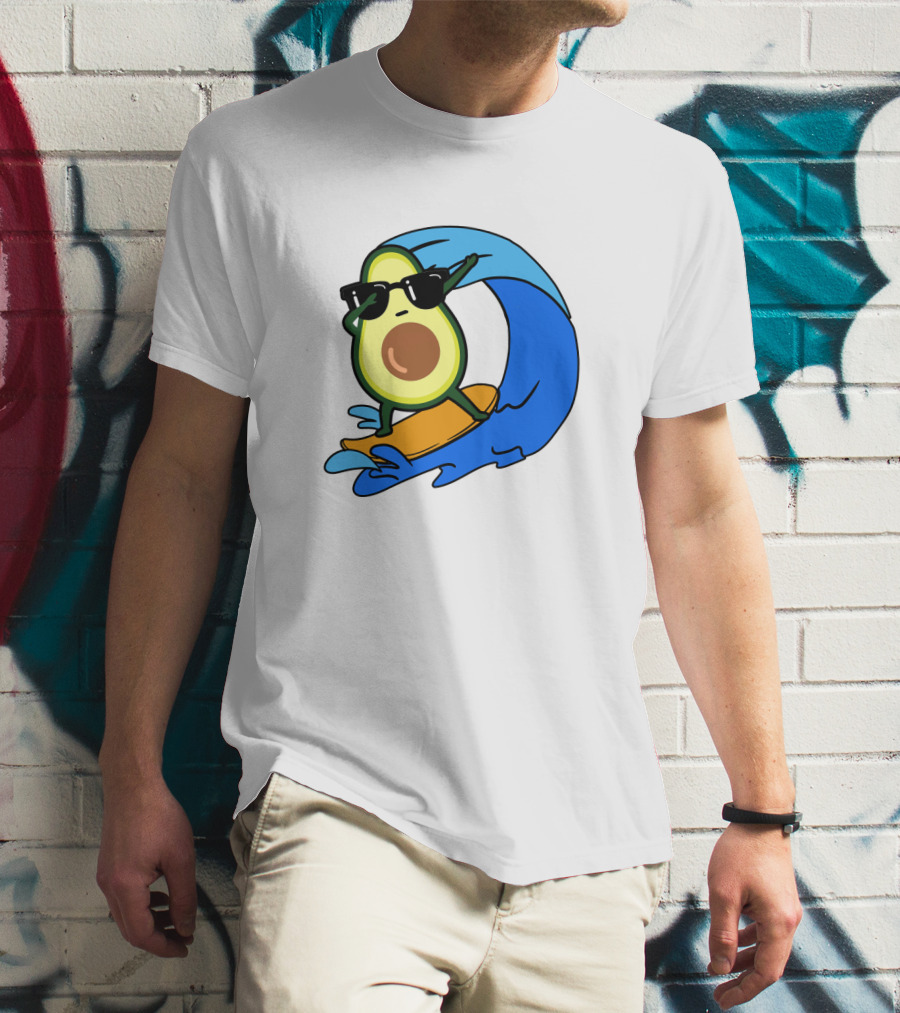 Avocado Wearing Sunglasses Riding Blue Ocean Wave T-Shirt