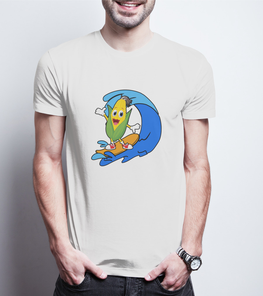 Corn On Surfboard Riding Blue Ocean Wave T-Shirt