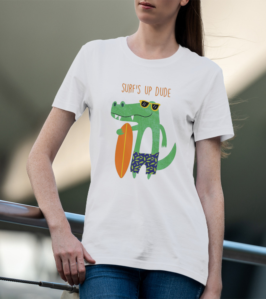 Surf's Up Dude Cool Crocodile In Sunglasses With Surfboard And Tropical Shorts T-Shirt