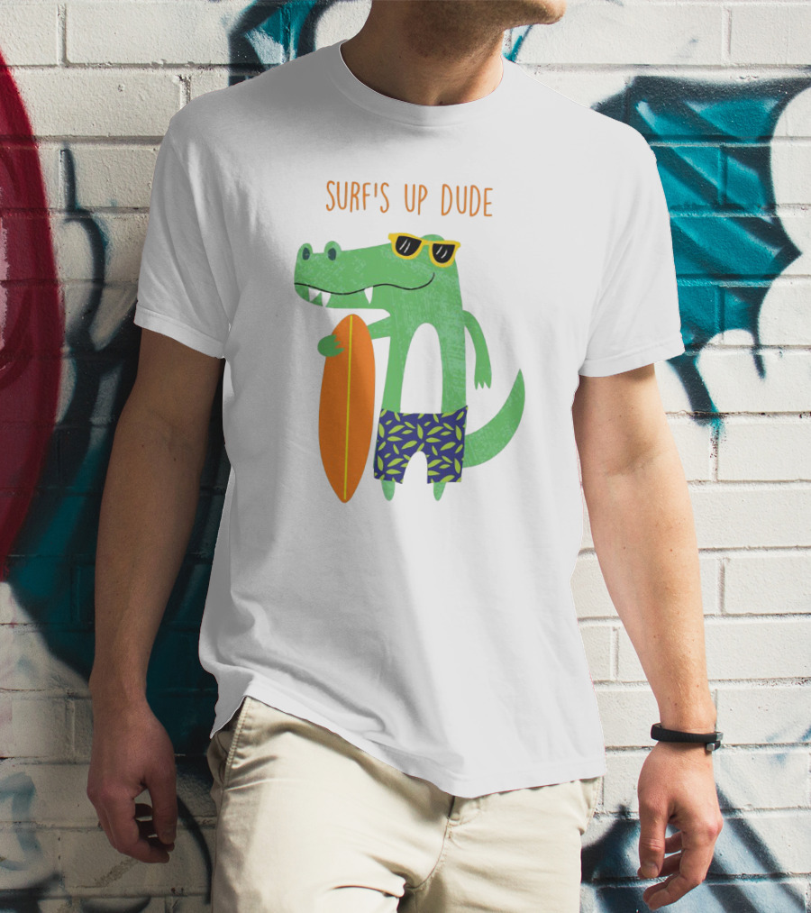 Surf's Up Dude Cool Crocodile In Sunglasses With Surfboard And Tropical Shorts T-Shirt