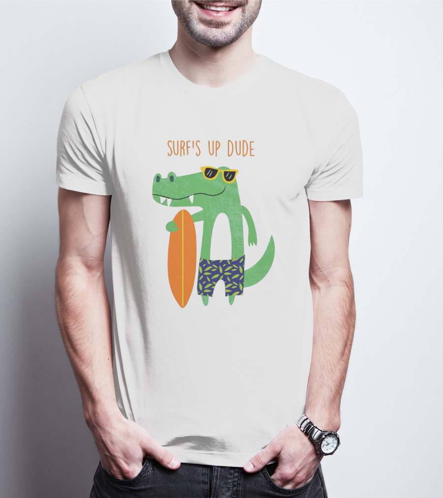 Surf's Up Dude Cool Crocodile In Sunglasses With Surfboard And Tropical Shorts T-Shirt