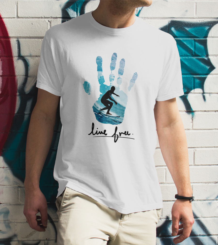 Live Free Surfing Handprint Ocean T-Shirt