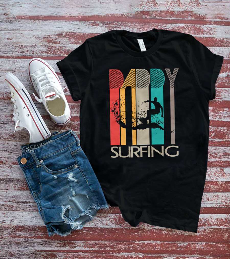 Vintage Daddy Surfing Silhouette With Retro Color Stripes T-Shirt