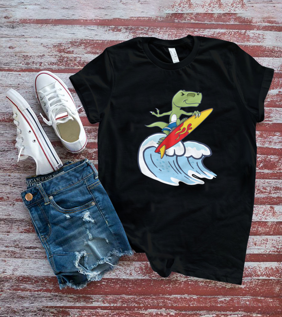 Dinosaur Riding Waves On Fiery Surfboard Ocean Adventure T-Shirt