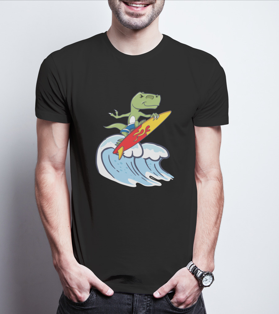 Dinosaur Riding Waves On Fiery Surfboard Ocean Adventure T-Shirt