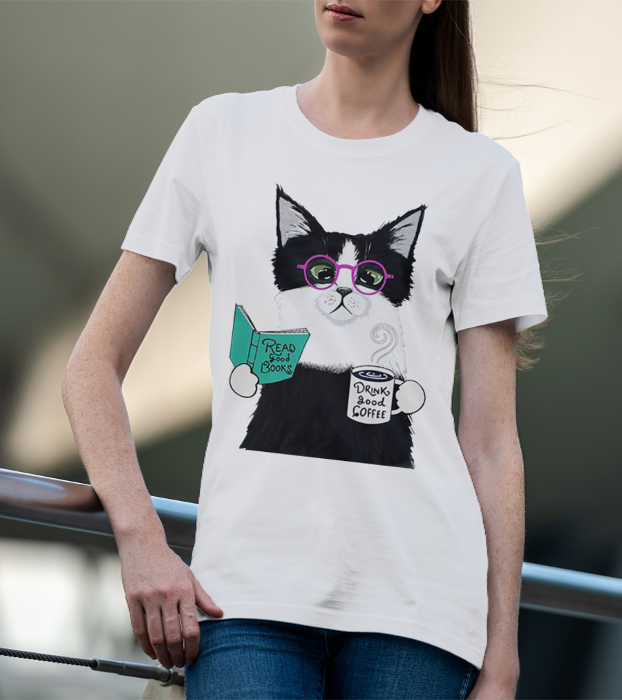 Read Good Books Drink Good Coffee Cat With Glasses T-Shirt