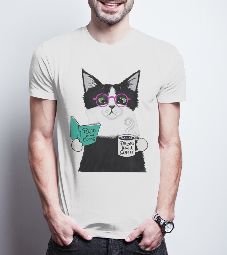 Read Good Books Drink Good Coffee Cat With Glasses T-Shirt