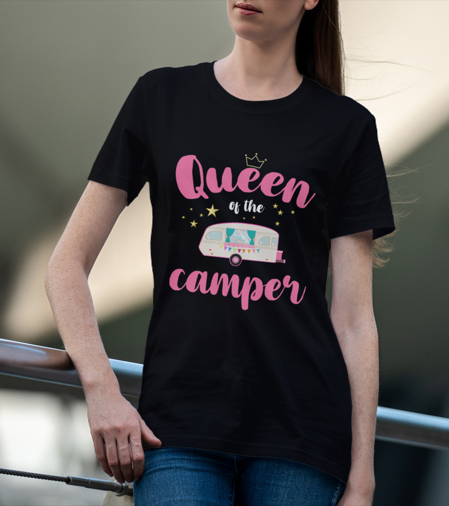 Queen Of The Camper With Crown And Star Accented Vintage Caravan T-Shirt