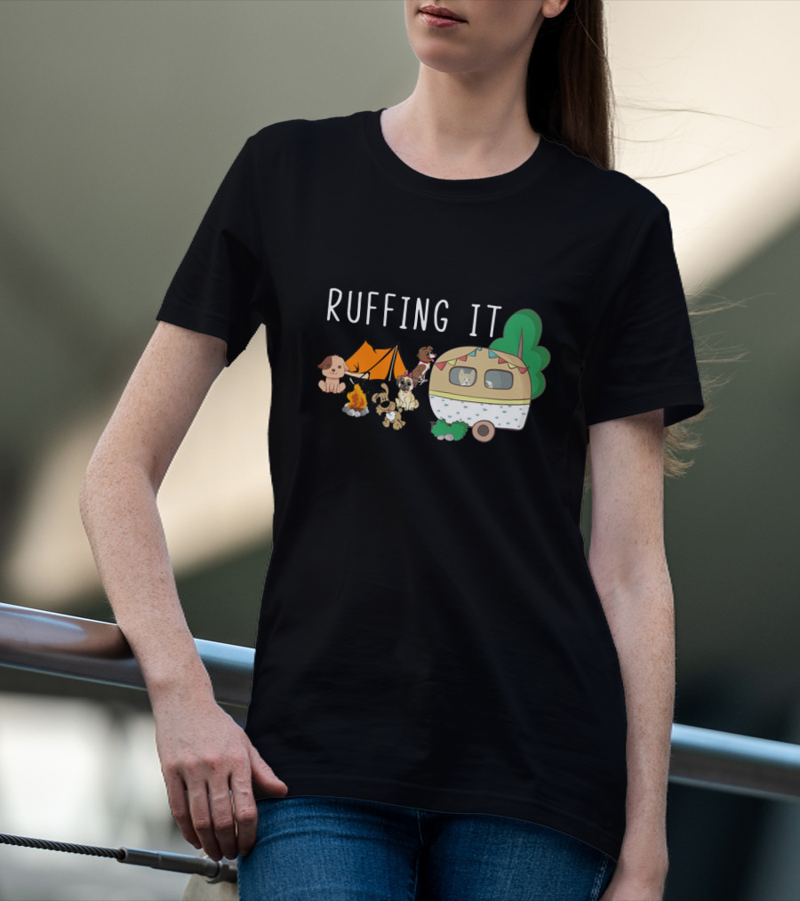 Ruffing It Camping With Dogs Tent Campfire And Caravan T-Shirt