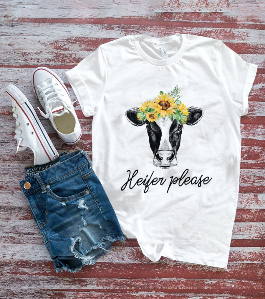 Heifer Please Cow With Sunflower Headbands And Bandana T-Shirt