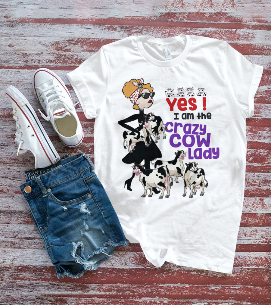 Yes I Am The Crazy Cow Lady With Cartoon Cows And Stylish Woman In Red Bandana And Sunglasses T-Shirt
