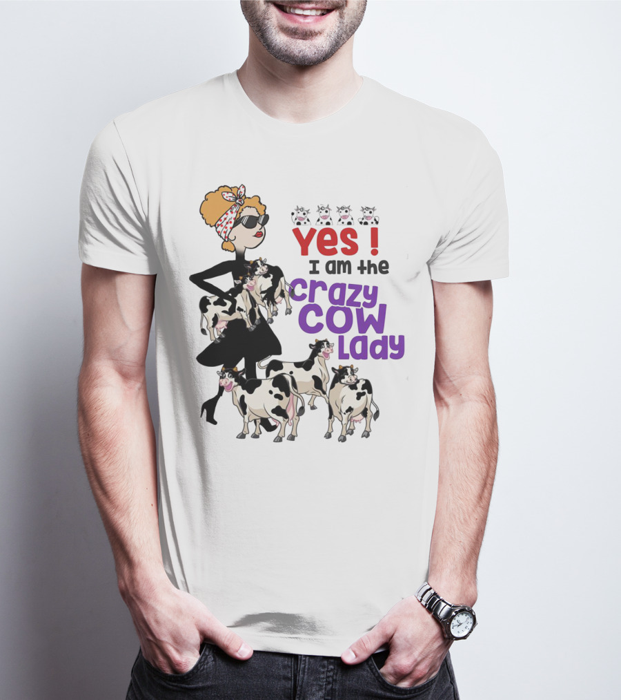 Yes I Am The Crazy Cow Lady With Cartoon Cows And Stylish Woman In Red Bandana And Sunglasses T-Shirt