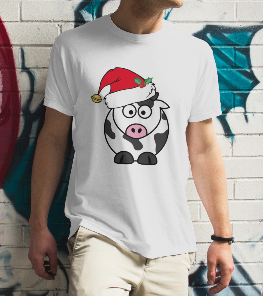 Cartoon Cow With Santa Hat And Holly Christmas Charm T-Shirt