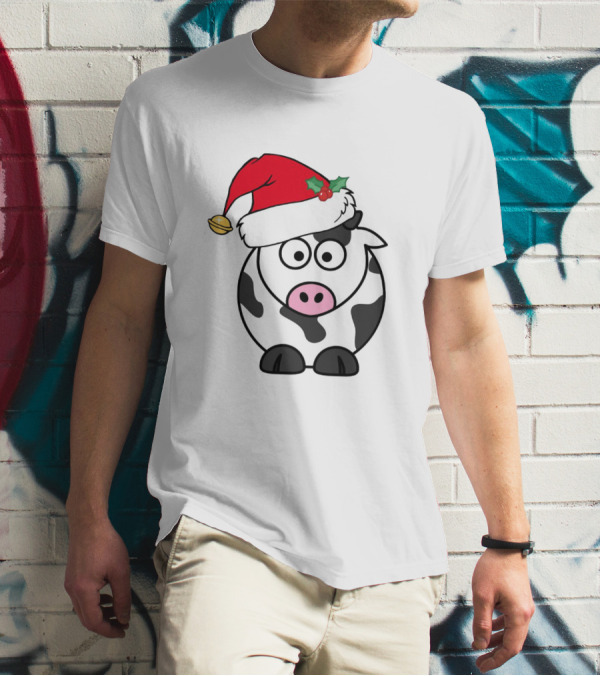 Cartoon Cow With Santa Hat And Holly Christmas Charm T-Shirt