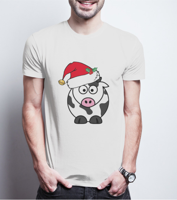 Cartoon Cow With Santa Hat And Holly Christmas Charm T-Shirt