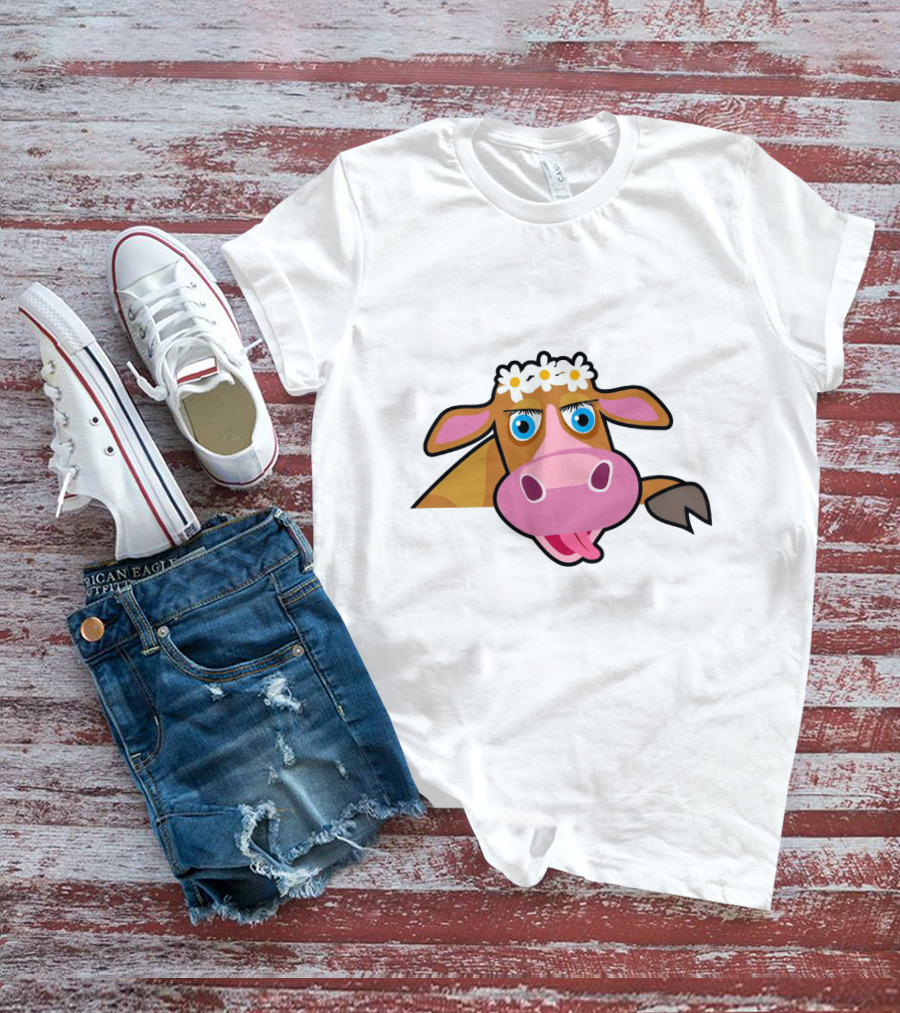 Farm Animals Cows Cute Cartoon Brown Cow With Daisy Headband T-Shirt