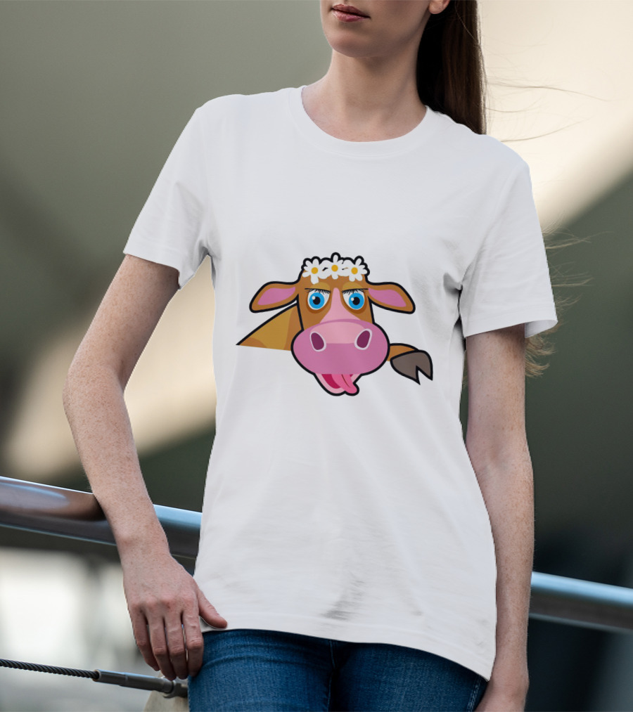 Farm Animals Cows Cute Cartoon Brown Cow With Daisy Headband T-Shirt