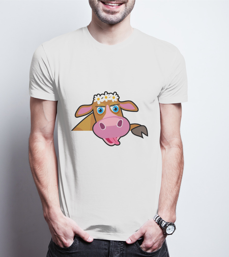 Farm Animals Cows Cute Cartoon Brown Cow With Daisy Headband T-Shirt